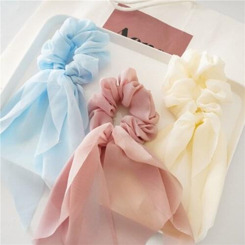 Double Layer Chiffon Bow Long Streamers Bow Satin Long Ponytail Scarf Hair Tie Scrunchies Elastic Hair Bands Hair Accessories