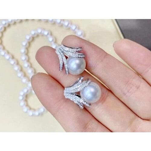 D515 Pure 925 Sterling Silver Round 9-10mm Nature Fresh Water Cultured White Pearls Studs Earrings for Women