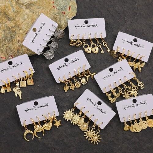 Vintage Geometry Lock Key Gold Earrings Set for Women Fashion Moon Star Coin Round Statement Drop Earrings Female Jewelry 2020