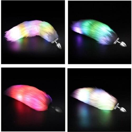 Luminous light fox tail Metal silicone anal beads butt plug erotic gay BDSM cosplay party game insert Anus Sex toy for couple