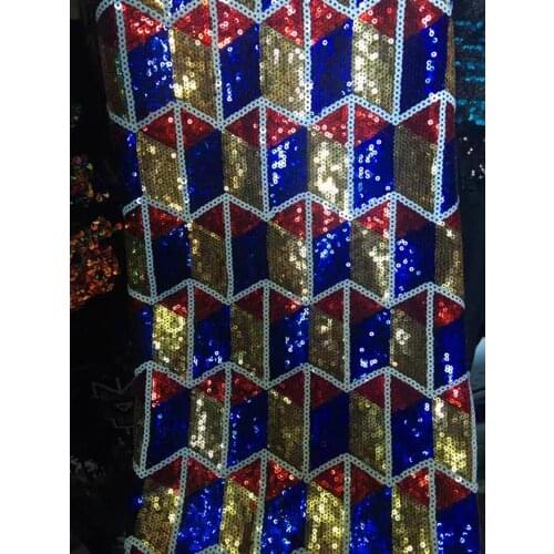 130cm stair geometry image sequin fabric, gold royal blue and red color match,XERY-JHC161223B