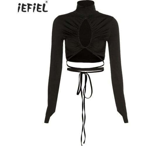 Womens Slim Fit Ruched T-shirt High Neck Long Sleeve Top Cropped Spring Tops Black Summer Casual Fashion Sexy T-shirt Crop Tops