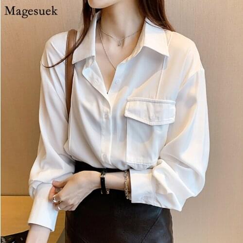 New Turn-down Collar Chiffon Shirt Blouse Women Plus Size Long Sleeve Solid White Shirts Office Ladies Tops Casual Blouses 12891