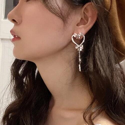 Korean Sweet Pearl Hollow Heart Drop Earrings For Women Girls Fashion Bowknot Crystal Chain Long Pendientes Mujer Jewelry