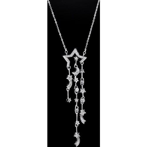 Top Design Charm Delicate White Gold Color Star with Moon Statement Long Crystal Brithday Gift Necklace for Woman GLD0863