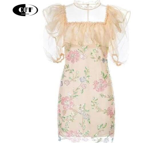 Designer runway ruffles patchwork mini dresses for women elegant short sleeve Sequins floral sexy party evening dress lady robes