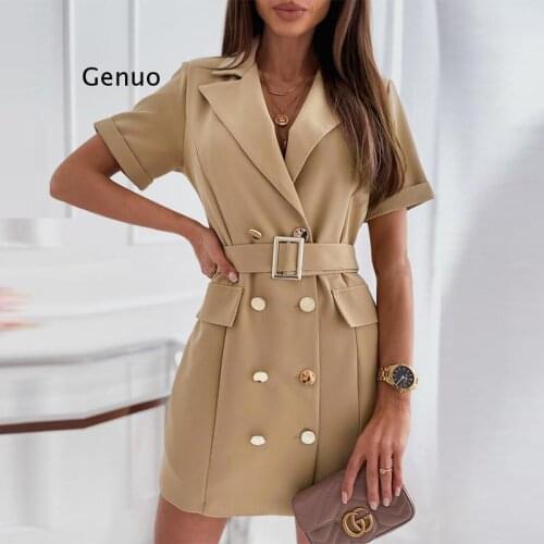 Turn-Down Collar Office Lady Blazer Dress Women Summer Belted Button Female Party Dress Short Sleeve Solid Short Dress