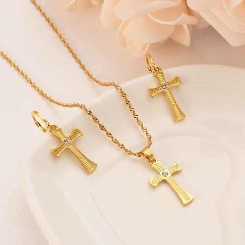 Gold cz cross crystal Pendant Necklace chain Earrings sets Jewelry Gold Christian jewelry sets for women girl Best Jesus Gifts
