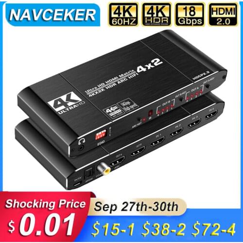 2020 Best HDMI Matrix 4x2 4K 60Hz HDR HDMI ARC Switch Splitter 4 in 2 out Optical SPDIF + 3.5mm jack Audio HIFI HDMI Switcher