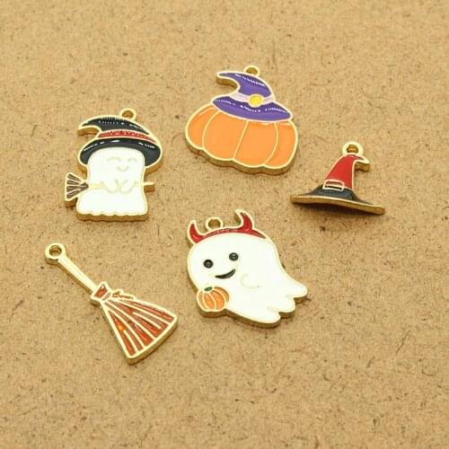 6pcs Halloween Ghost Magic Hat Broom Enamel Charms Kawaii Cute Earring Bracelet Keychain Pendant Accessory Anime Jewelry Make