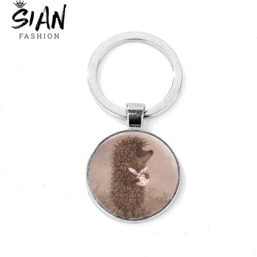 SIAN Hot Hedgehog In The Fog keychain Little Animal Handmade Glass Cabochon Pendant Key Chain Ring Holder Llaveros Anime Jewelry
