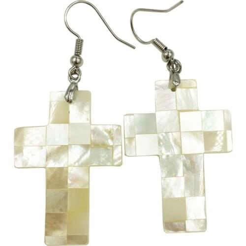 Free Shipping Women Fashion Jewelry White Mother of pearl Shell Cross beads Earring 1Pair C8485