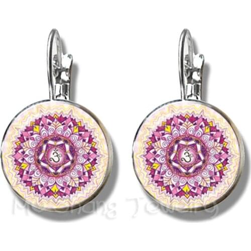 Enamel Mandala Lotus Earrings Henna Yoga Stud Earrings For Women Girls Charm Art Picture OM Symbol Buddhism Zen Jewelry