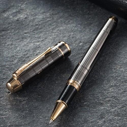 Hero Metal Gray Tiny Squares Checked Barrel Refillable Roller Ball Pen Gold Trim Professional Office Stationery Writing