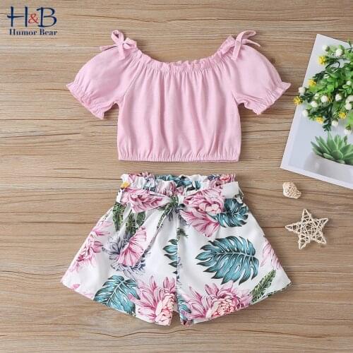 Humor Bear Girls Sets pring Summer Sweet Short Sleeve Top + Printed Shorts 2Pcs Sets Thin Children Suit 1-6 Year