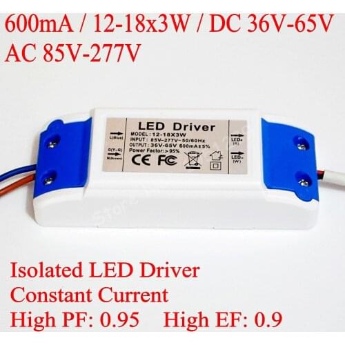 High PF Isolated 600mA 12-18x3W DC 36V - 65V Led Driver 12x3W 14x3W 15x3W 16x3W 18x3W Power Supply AC 110V 220V for LED lights