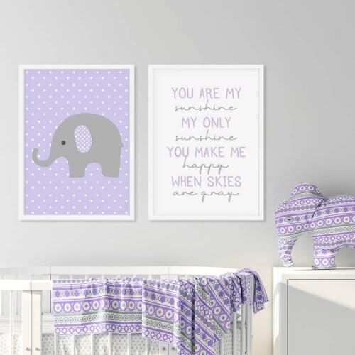 Cartoon Gray Lavender Elephant Nursery Wall Art Canvas Painting Sweet Quotes Poster Print Pictures for Baby Room Home Decorative