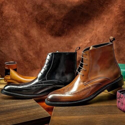 Men winter Boots Genuine cow leather chelsea boots brogue casual ankle flat shoes Comfortable quality lace up dress boots 2020