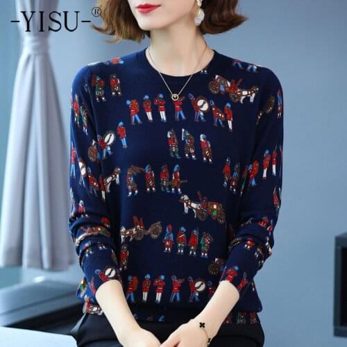 YISU 2021 New Spring Autumn Wool Sweater Jumper O-Neck Printing tops Long sleeves Female Casual Knitted pullover Women clothing