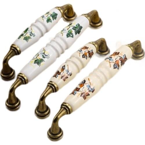 Garden Ceramic Furniture Kitchen Cabinet Drawer Handle Flower Green Leaf Pattern Wardrobe Locker Bedside Table Knob and pulls