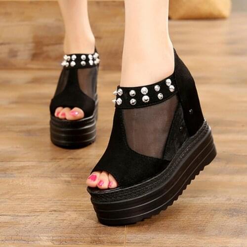 XJRHXJR 2020 Summer Elegant Mesh Sandals Peep Toe 12cm Height Increasing Shoes Woman Punk Rivets High Heels Platform Sandals