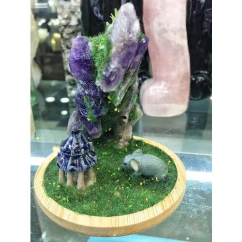 High quality Natural crystal fluorite stone green landscape with small pavilions and elephants for the collection decorations