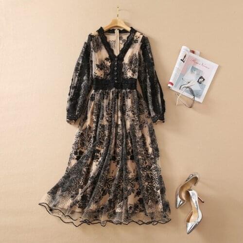 Europe and the United States womens clothing New spring 2021 Long sleeve V-neck mesh embroidery Fashionable dress