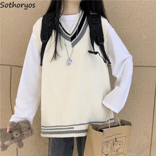 Striped Sweater Vests Women Autumn Preppy V-neck Loose Oversize All-match Unisex BF Korean Causal Sleeveless Knitwear Students