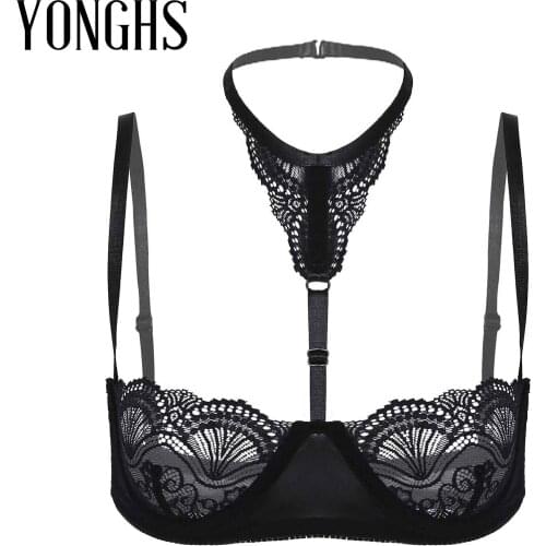 Womens Erotic Lingerie See-Through Lace Bra Tops Dating Honeymoon Halter Neck Underwired Unlined Sexy Brassiere Underwear