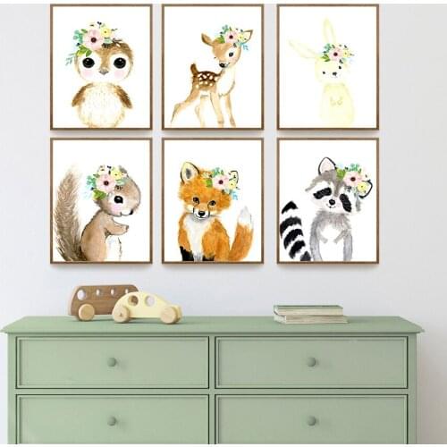 Baby Squirrel Fox Deer Flower Leaf Wall Art Canvas Painting Nordic Posters And Prints Animal Wall Pictures Baby Kids Room Decor