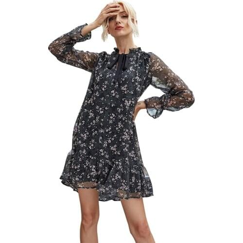 2021 Summer Women Printed Long Sleeve Mini Dress High Waist V-Neck Loose Sexy A-Line Dresses Holiday Party Dress