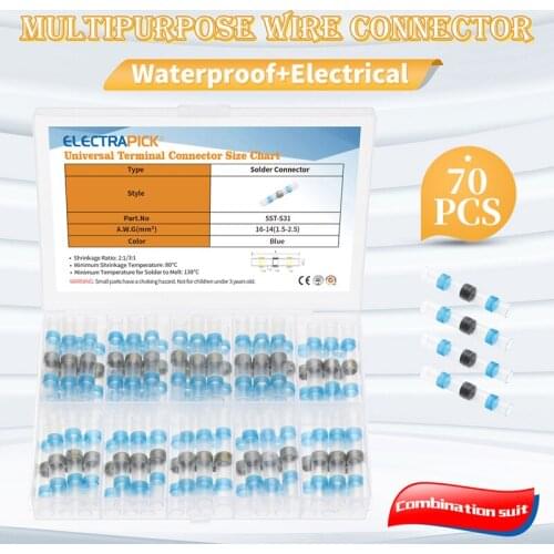 70pcs Solder Seal Sleeve AWG16-14 Wire Butt Connectors Waterproof Heat Shrink Connectors Kit Assortment Electrical Terminals