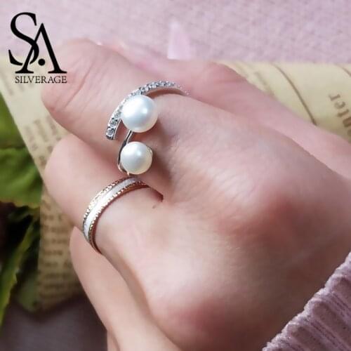 Authentic 925 Sterling Adjustable Silver Jewelry White Double Pearl Rings Natural Pearl Silver Wedding Rings for Women Gift 2019