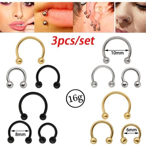 3pcs Nose Hoop Ring Septum Rings Lip Stud Cartilage Circular Stainless Steel Tragus Ear Piercing Horseshoe BCR Body Jewelry