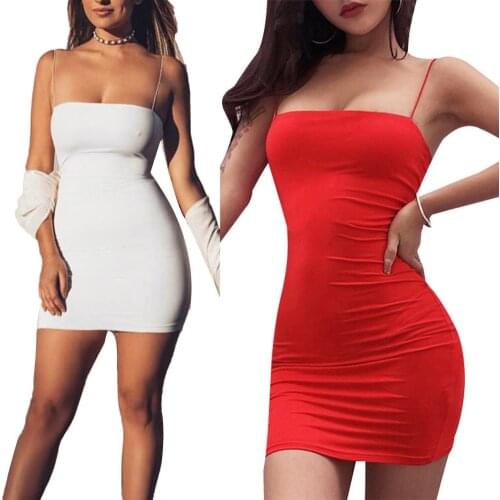 Fashion Women Solid Color Slim-Fit Sleeveless Spaghetti Strap Bodycon Mini Dress evening club party office lady Casual short dre