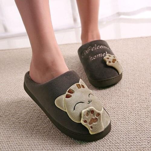 Men Winter Home Slippers Couples Cartoon Cat Non-slip Soft Warm Slippers Indoors Bedroom Floor Shoes Pantuflas Kapcie