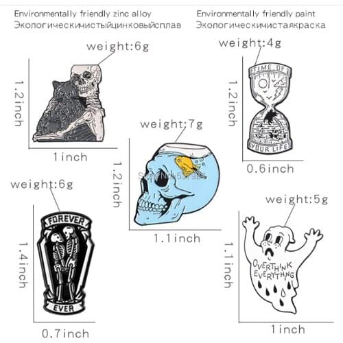 New 20Pcs 5 Styles Human Skeleton Fish Cat Hourglass Brooch Lapel Pin Action Figure Toy