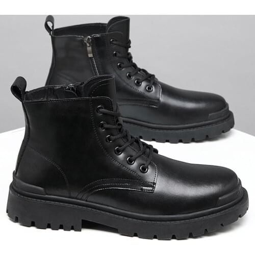 2021 New Black Thick Base Cloth Mid-Top Boots Leather Warm Man Boots Fall British Trend Boots Korean Casual Mens Shoes Boots