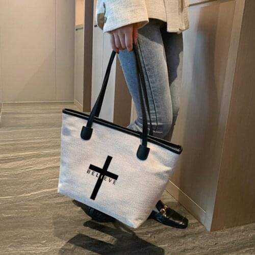 Believe Cross Printed Tote Bag Gift For Christian Women Handbag Work Beach Church Bag Ladies Purse Dropshipping