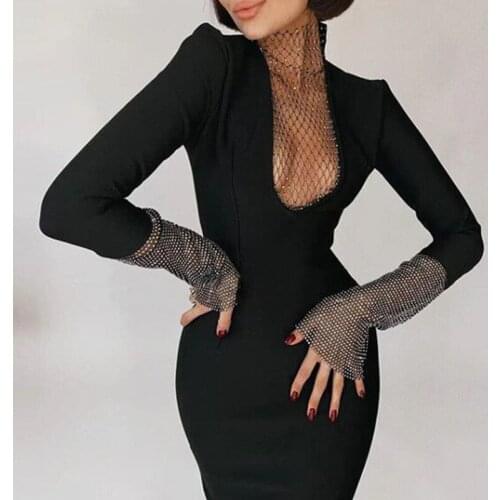 Long Sleeve Mesh Patchwork Dress Black V Neck Bodycon Party Dresses New Design Diamonds Elegant Autumn Winter Vestidos Women