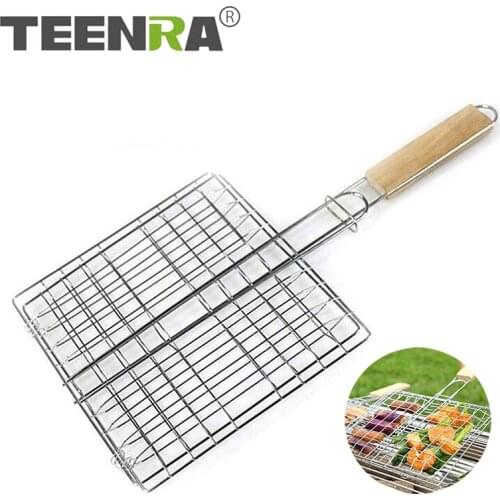 TEENRA Stainless Steel BBQ Net Non-stick Barbecue Mesh For Fish Vegetable Wooden Handle BBQ Mesh Wire Clamp Kit Tool
