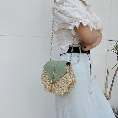 Hexagon Style Straw+PU leather Handbag Women Summer Rattan Handbags Handmade Woven Beach Shoulder Bags small fresh Diagonal bag