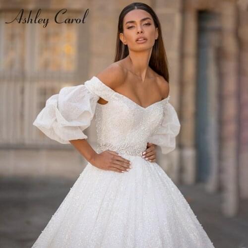 Ashley Carol Princess Wedding Dress 2021 Charming Sweetheart Shiny Pearls Bride Detachable Puff Sleeve A-Line Beaded Bridal Gown
