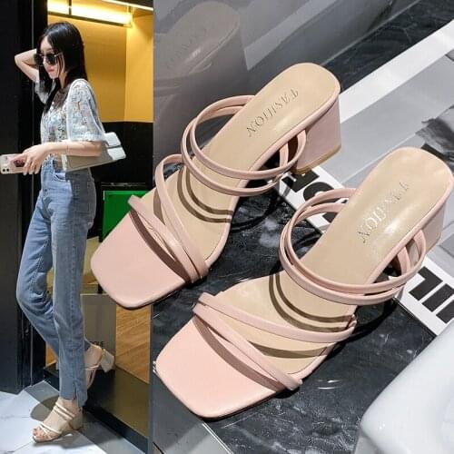 High-Heeled Shoes Lady Slippers Women Summer Slides Pantofle Low Square heel Fashion 2021 Block Luxury Scandals PU Rome Basic Ru