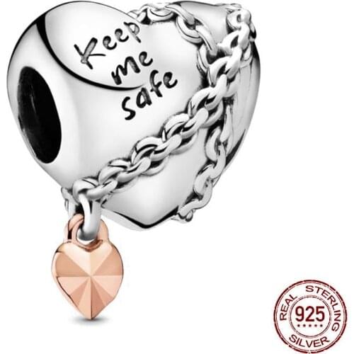 Hot Sale 925 Sterling Silver Keep Me Safe Chained Love Heart Charm Beads fit Original Pandora Bracelet DIY Silver 925 Jewelry