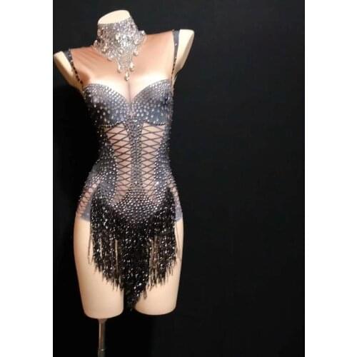 Women Black Rhinestone Fringe Strap Sleeveless Nightclub Style Slim DS Dance Costumes Female Sexy Performance Bodycon Catsuits