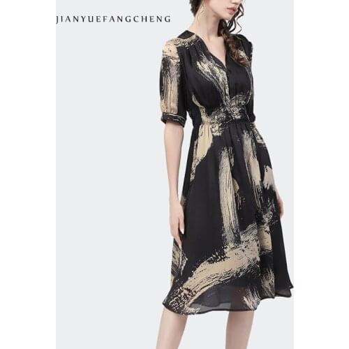 Fashion Esthetic Khaki Satin Printed Dress Women Summer Short Sleeve V-Neck High Waist A-Line Mid-Length Bodycon Long Dresses