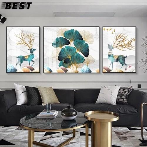 Golden Deer Luxury Decor Poster Canvas Painting Marbling Animal Plant Picture Home Decor Wall Art Nordic Print for Living Room