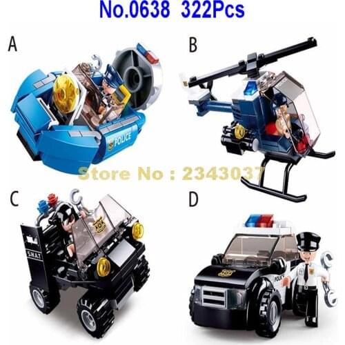 0638 322pcs 4in1 Urban Police Helicopter Swat Vehicle Motorboat Car Building Blocks Toy