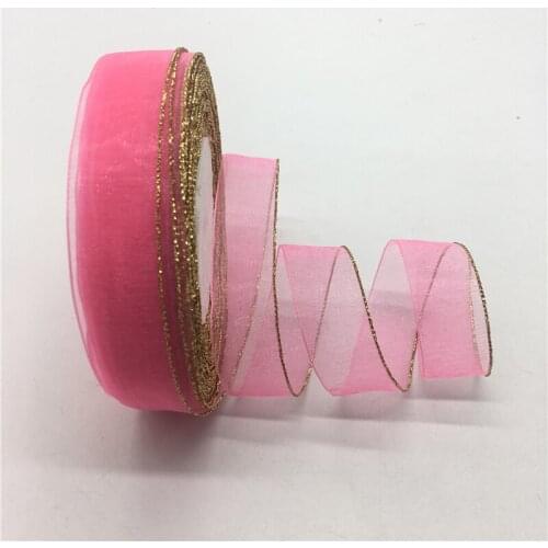 5yards/lot 3/4" 20mm Rose Glitter Golden Rimmed Organza Ribbon Bow Hair Wedding Christmas Decoration DIY Lace Crafts